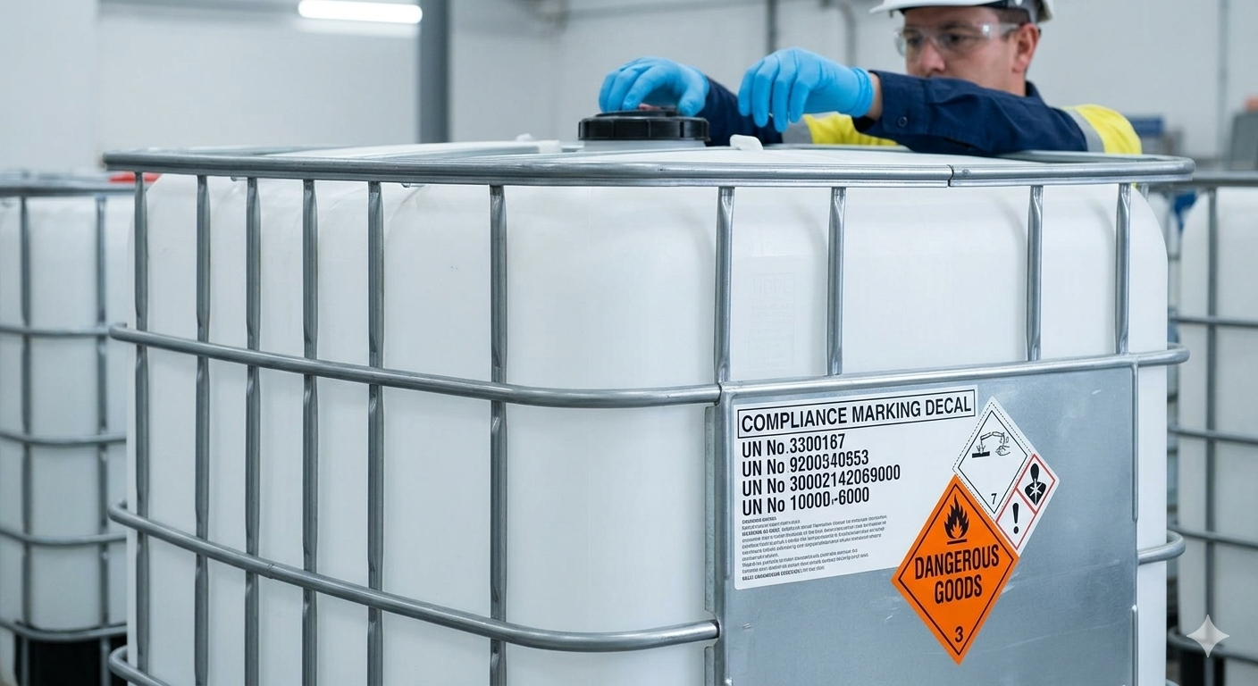 Close up of UN marking on a 1000L IBC tank showing DG rating for chemical storage.