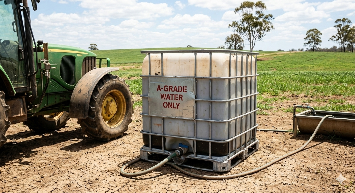 Reconditioned 1000L water pod for agricultural liquid fertilizer storage on an SEQ farm.